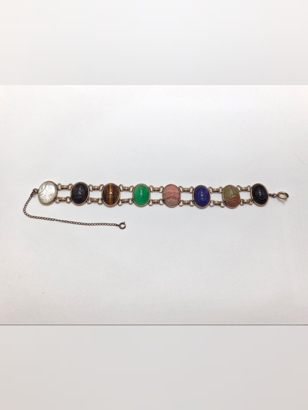Vintage 1950s Egyptian Revival Multi Stone Carved Scarab Bracelet 7.5"